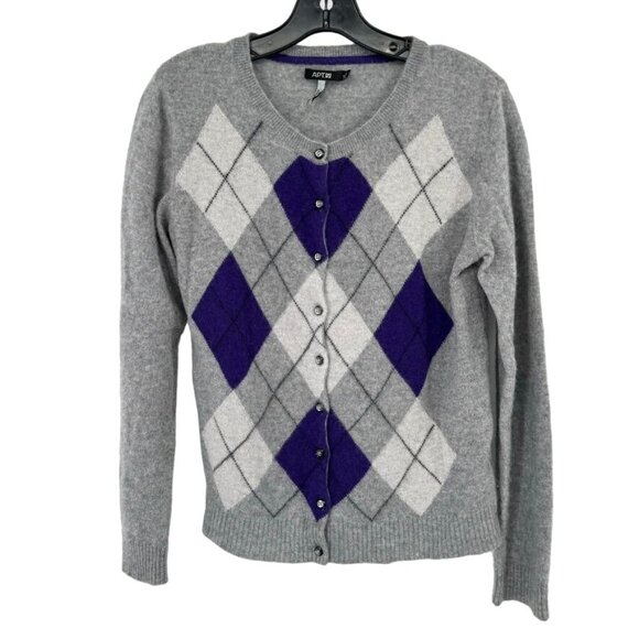APT. 9 Women's Argyle Cardigan Sweater Size large Cashmere Gray & Purple - Picture 1 of 9